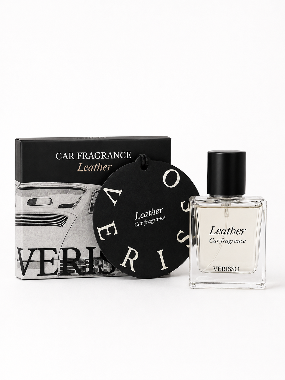 VERISSO Car Fragrance Leather 30 ml s designovou visačkou a luxusní koženou vůní do auta